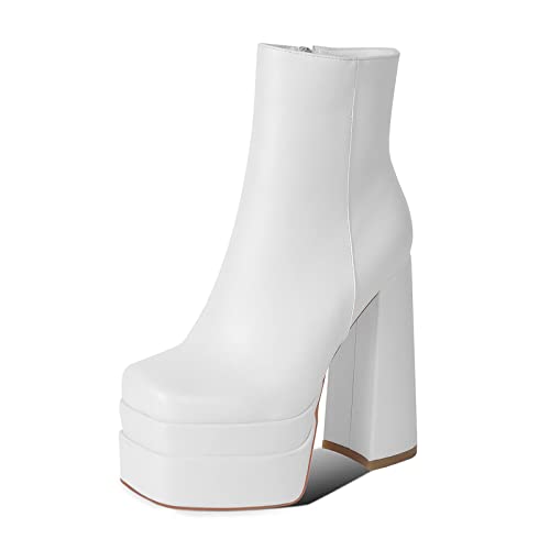 WEKISS White Platform Boots for Women White Boots for Women Platform Chunky White Boots White Heeled Boots Chunky Platform White Boots White Platform Booties White GoGo Boots Ankle Mid Calf Boots
