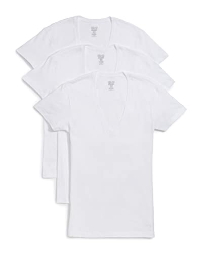 2(X)IST Mens Essential Cotton Slim Fit Deep V Neck T-Shirt 3-Pack , White , Large