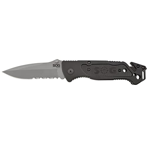SOG Escape Tactical Folding Pocket Knife- 3.4 Inch Serrated Edge Blade Knife w/ Glass Breaker, Wire Stripper and Line Cutter Blades-Satin (FF25-CP),Black