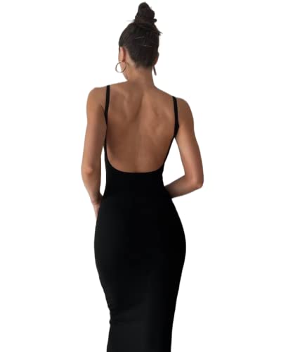 Women Cutout Backless Maxi Dress Sexy Sleeveless Split Cocktail Dresses Bodycon Spaghetti Strap Long Dress Party (Open Back Black,M)