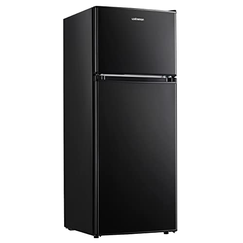 Upstreman 4.0 Cu.Ft Compact Refrigerator with Freezer, Large Capacity Double Door Mini Fridge for Dorm, Office, Bedroom,Adjustable Thermostat, Black-BR401