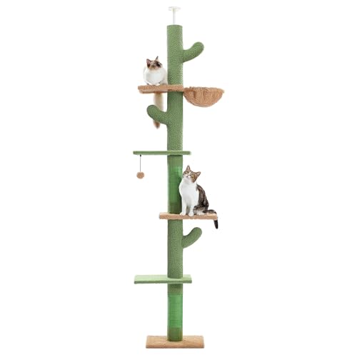 PAWZ Road Cactus Cat Tree Floor to Ceiling Cat Tower with Adjustable Height(95-108 Inches), 5 Tiers Cat Climbing Activity Center with Cozy Hammock, Platforms and Dangling Balls for Indoor Cats