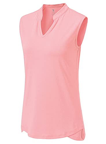 BGOWATU Women's Golf Polo T-Shirts Sleeveless V Neck Collarless Tennis Shirts UV Protection Quick Dry Lightweight Pink S