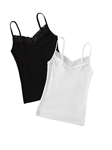 SweatyRocks Women's 2 Pieces V Neck Sleeveless Lace Spaghetti Strap Camisole Cami Tank Top Black and White S