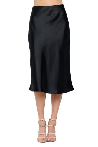 Women Solid High Waist Silky Casual Elastic Satin Midi Skirt - Made in USA (Small, Black)