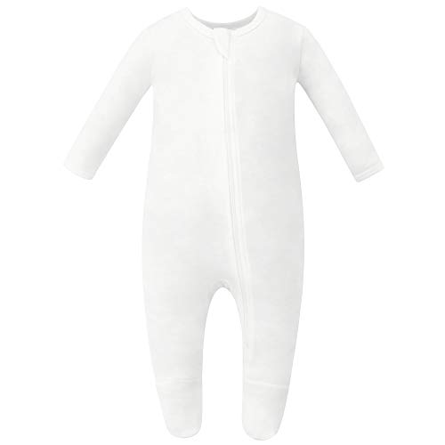 Owlivia Organic Cotton Baby Pajamas, Boys Girls Zip Front Sleep 'N Play, Footed Sleeper, Long Sleeve (Newborn, Off-White)