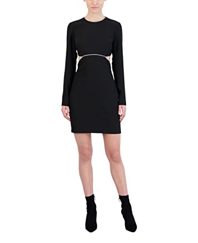 BCBGMAXAZRIA Women's Fitted Short Cocktail Dress Long Sleeve Round Neck Rhinestone Trim Back Cutout, Black, Large