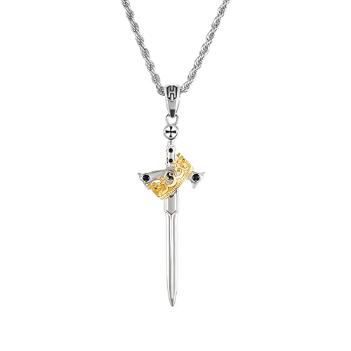 HELLOICE Sword Crown Cross Necklace 18K Gold Plated 5A CZ Stones Sword Pendant Necklace With 24' Chain for Men Women(Gold&Silver)