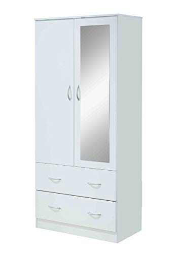 HODEDAH 2 Door Wood Wardrobe Bedroom Closet with Clothing Rod inside Cabinet, 2 Drawers for Storage and Mirror, White