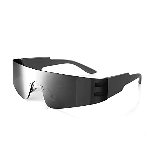 Crazy Feng Rimless Futuristic Wrap Around Sunglasses Women Men,Cyberpunk Visor Sunglasses Shades Colorful Fashion Eyeglasses (Black Sunglasses)
