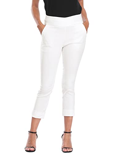 HDE Pull On Capri Pants for Women with Pockets Elastic Waist Cropped Pants White - XL