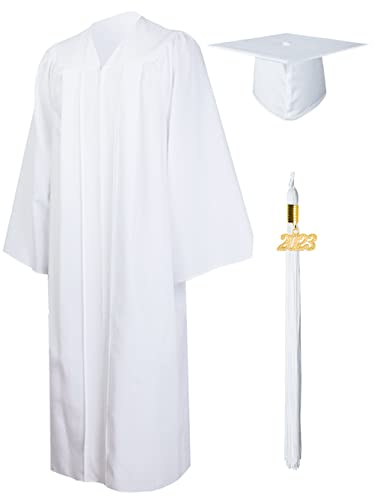 GraduationMall Matte Graduation Gown Cap Tassel Set 2023 for High School and Bachelor White 51(5'6'-5'8')