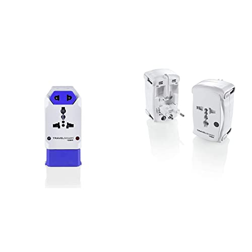 Travel Smart All-in-One Adapter with USB; 3 Outlets; US, Europe, UK, Italy, Spain, China Blue & by Conair All-in-One Adapter Plug with Surge Protection; US Europe UK Italy Spain China