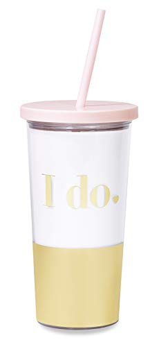 Kate Spade New York Gold/Blush Pink Bridal Insulated Tumbler with Reusable Straw, 20 Ounce Travel Cup, I Do (Gold)