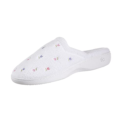 isotoner Women's Terry Slip On Clog Slipper with Memory Foam for Indoor/Outdoor Comfort, White Scalloped, 8.5-9