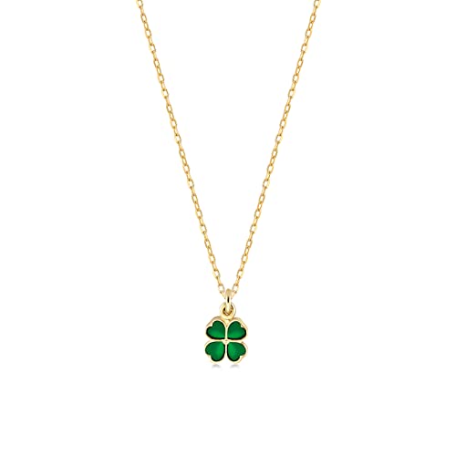 14k Solid Gold Four Leaf Clover Necklace | 14k Yellow Gold Green 4 Leaf Clover Necklaces for Women | Shamrock Pendant Necklace | Dainty Nature Themed Jewelry | Gifts for Birthday, 18'