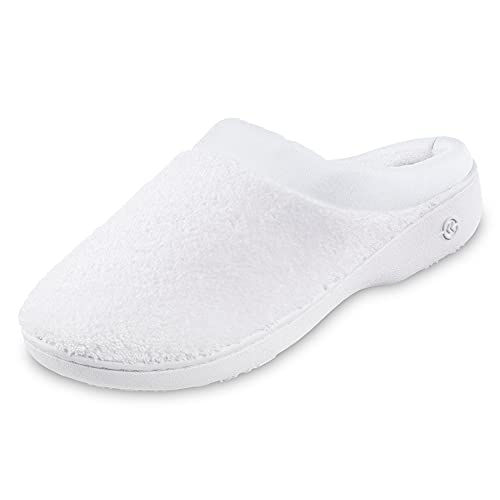 isotoner Women's Terry and Satin Slip On Cushioned Slipper with Memory Foam for Indoor/Outdoor Comfort, White, 7.5-8