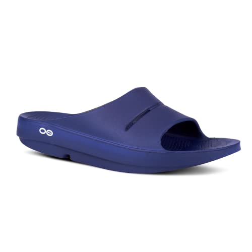 OOFOS OOahh Slide, Navy - Men’s Size 9, Women’s Size 11 - Lightweight Recovery Footwear - Reduces Stress on Feet, Joints & Back - Machine Washable