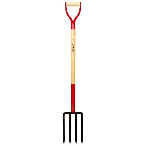 VNIMTI Garden Fork,4-Tine Spading Fork,Compost Fork,Steel Digging Fork,45Inch,Steel Y-Grip,Wooden Handel