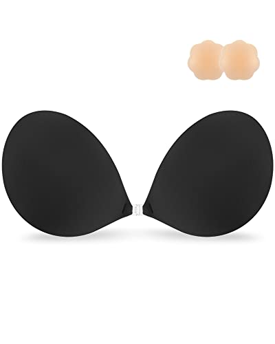 Niidor Adhesive Bra Strapless Sticky Invisible Push up Silicone Bra for Backless Dress with Nipple Covers Black(B Cup)