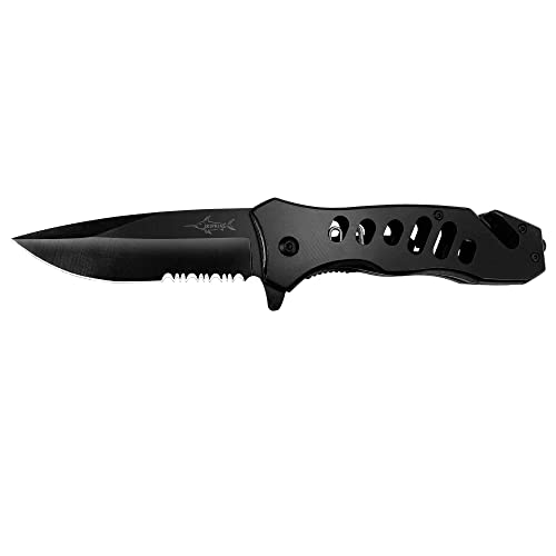 XIPHIAS 4-in-1 Folding Knife with Glass Breaker, Rope Cutter - 4.5' Stainless Steel Handle - 3' Flat and Steel Serrated Blade Blade (BLACK)