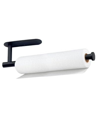 Paper Towel Holder, Self Adhesive or Drilling Paper Towel Holder Under Cabinet, Stainless Steel Black Paper Towel Holder Wall Mount for Kitchen, Bathroom, Sink, Pantry, Fridge