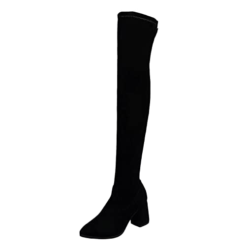 FAMOORE Real Leather over The Knee Boots for Women Zipper Middle Heel Chunky Heel Fleece Over The Knee High Heel Western Boots (Black, 7.5) Valentine's Day