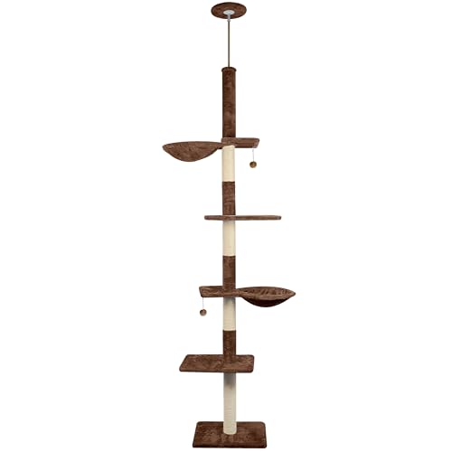 Roypet Adjustable 93'-116' Tall Cat Climbing Tree 5-Tier Kitty Activity Center Floor-to-Ceiling Cat Climber Toy with Hanging Hammock and Scratching Posts Cat Furniture,Coffee