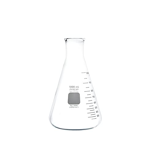 PYREX Narrow Mouth Erlenmeyer Flask with Heavy Duty Rim - Borosilicate Glass Flask – Premium Glass Chemistry Flask for Laboratory, Classroom or Home Use - PYREX Chemistry Glassware, 1L, 1/Pk