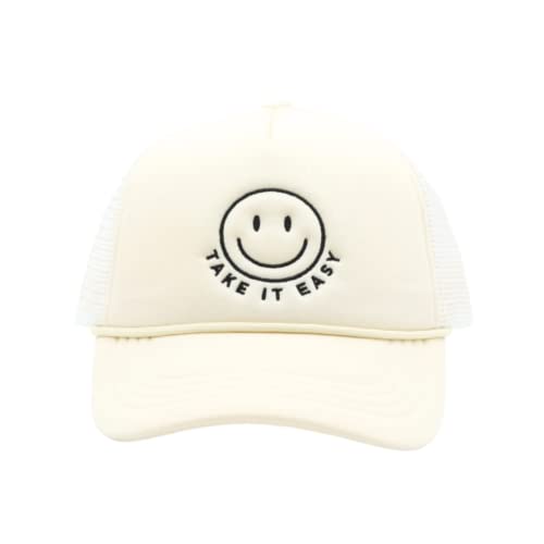 Good Future Womens Trucker Cap - Relaxed Fit Adjustable Snap Back Hat Gorras Lids Branded USA Classis Trucker Sun Mesh Back Smiley Face (Take it Easy)