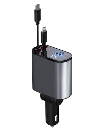Retractable Car Charger, 4 in 1 Fast Car Phone Charger 66W, 2 Retractable Cables and USB Car Charger,Compatible with iPhone 15/14/13/12/11,Galaxy,Pixel
