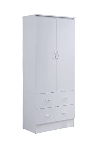 HODEDAH 2 Door Wood Wardrobe Bedroom Closet with Clothing Rod inside Cabinet and 2 Drawers for Storage, White