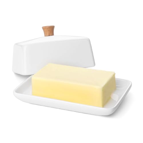 Flexzion Ceramic White European Butter Dish with Lid for Countertop (7 Inch) - Wide 2 Stick Double Butter Holder for Counter, Cream Cheese Container Storage Keeper