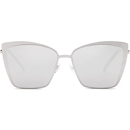 SOJOS Cateye Sunglasses for Women Fashion Mirrored Lens Metal Frame SJ1086 with Silver Frame/Silver Mirrored Lens