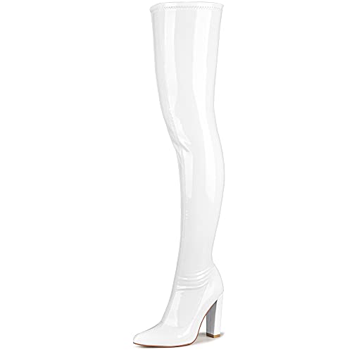 WSKEISP Women's Thigh High Boots Patent Leather PU Heeled Over The Knee High Boots Sexy Pointed Toe Chunky Heel GOGO Boots