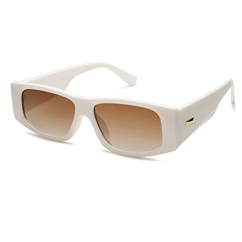 SOJOS Retro Trendy Rectangle Polarized Sunglasses 80s 90s Y2K Narrow Sunnies SJ2228, Cream White/Brown