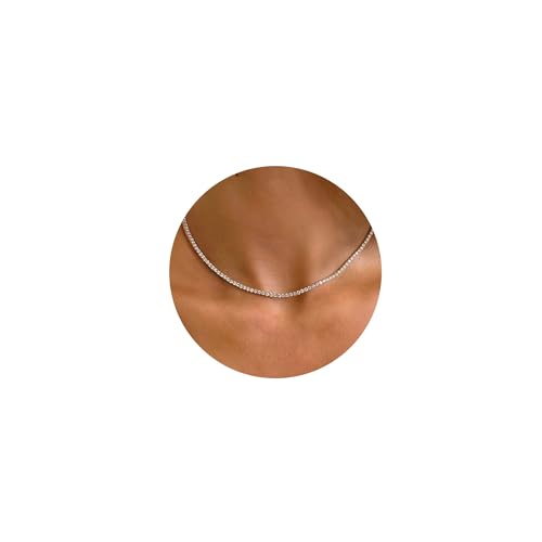 Tewiky Choker Necklace for Women, Dainty Silver Rhinestone Simple Sparkly Diamond Choker Necklaces Trendy Tennis Bridal Wedding Jewelry Gifts for Girls