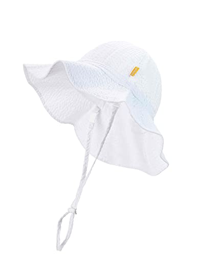 DASMINI Baby & Toddler Wide Brim Sun Hats UPF 50+ Sun Protection Bucket Cap Cute adjustable Hat (wht seersucker, 0-6M)