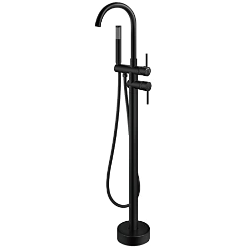 Aolemi Floor Mount Bathtub Faucet Freestanding Tub Filler Standing High Flow Shower Faucets with Handheld Shower Mixer Taps Swivel Gooseneck Spout Matte Black