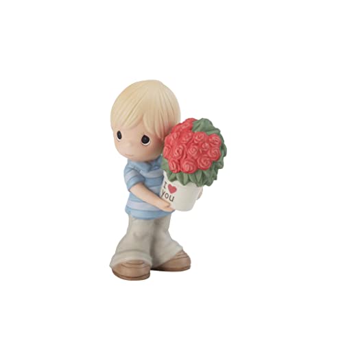 Precious Moments Boy with Flower Figurine | My Love for You Continues to Grow Blond Boy Bisque Porcelain Figurine Mom's Birthday