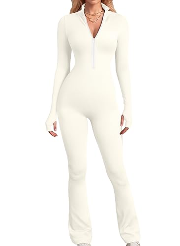 OQQ Women's Yoga Jumpsuits Ribbed Long Sleeve Zip Front Sport Bell Bottoms Flare Jumpsuits Beige