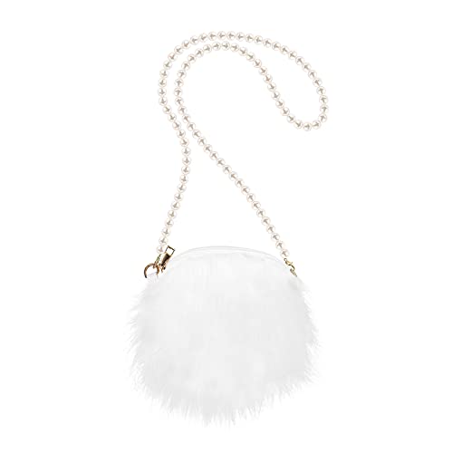 FENICAL Crossbody Bag Plush Pearl Chain Cellphone Purse Small Fuzzy Shoulder Pouch for Women Ladies Girls - White