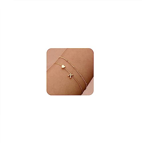 DEARMAY Dainty Gold Charm Bracelets for Women Trendy, 14K Real Gold Initial Heart Letter Bracelet Jewelry Cute Simple Fashion Chain Bracelets for Women Girls Gift K