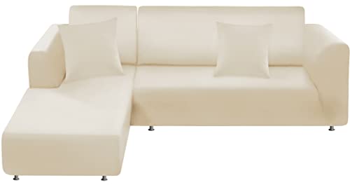 BT.WA Couch Cover L Shape Sectional Sofa Cover 2-Piece Soft Stretch Sofa Slipcover Furniture Protector Couch Slipcover with 2Pcs Pillowcases (Sofa 3 Seater + 3 Seater, Milk White)