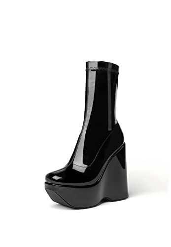 sun gurg Platform Ankle Boots for Women Wedges Narrow Mid-Calf Boot Side Zip Chunky High Heeled Booties Shoes US 8