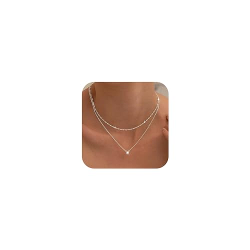 Tewiky Silver Necklace for Women, Dainty Silver Layered Necklaces Sterling Silver Diamond Pendant Necklace Simple Silver Chain Choker Necklaces Fashion Silver Set Jewelry Gifts for Women Girls