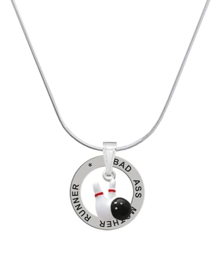 Delight Jewelry Silvertone Bowling Pins with Bowling Ball - Silvertone Bad Mother Runner Message Ring Necklace, 18'