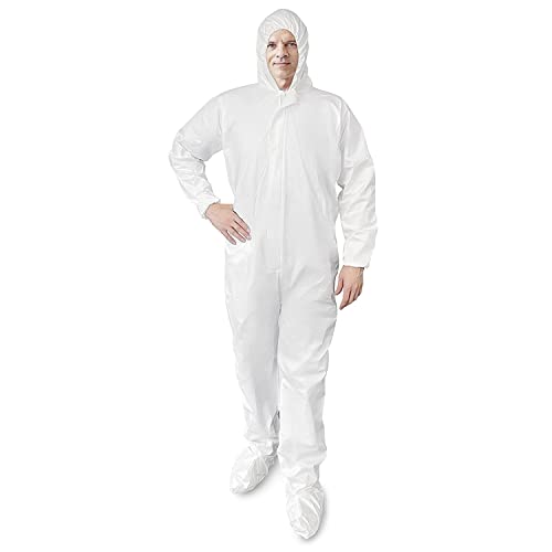 EZGOODZ Disposable Coveralls with Hood, Boots Small, Pack of 5 White Paint Coveralls Disposable, SF PP 60 GSM Waterproof Hazmat Suits Disposable, Elastic Wrists, Zipper, Unisex Disposable Coverall