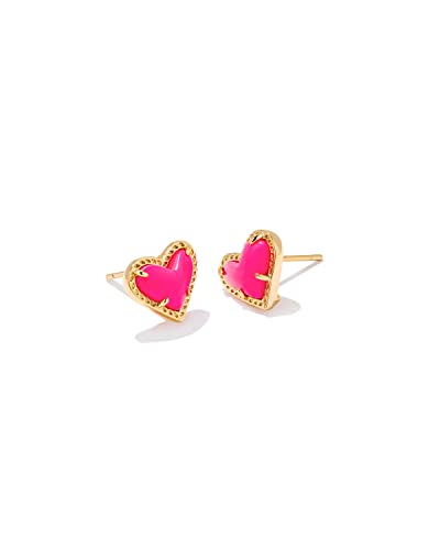 Kendra Scott Ari Heart Stud Earrings for Women, Fashion Jewelry, 14k Gold-Plated, Neon Pink
