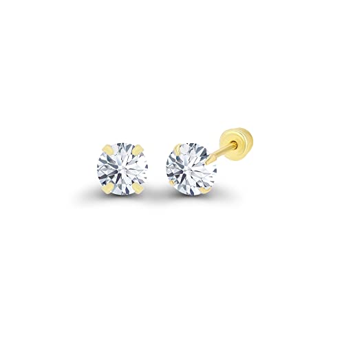 Solid 14k Yellow Gold Hypoallergenic Round Cubic Zirconia Solitaire Stud Earrings For girls With Secure Ball Screw Backs For Women, 3mm
